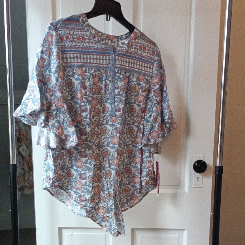 Ruby Rd. Blue and Orange Floral Blouse